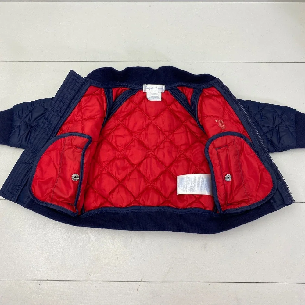 Ralph Lauren Quilted Bomber Jacket Baby Boy 3M Navy Blue Red Pony Zip Up Coat
